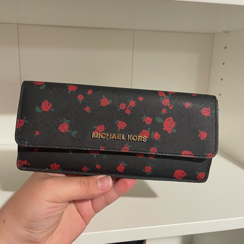 Michael Kors Black and Red Floral Wallet